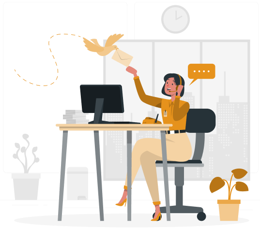 Woman at desk with flying envelope