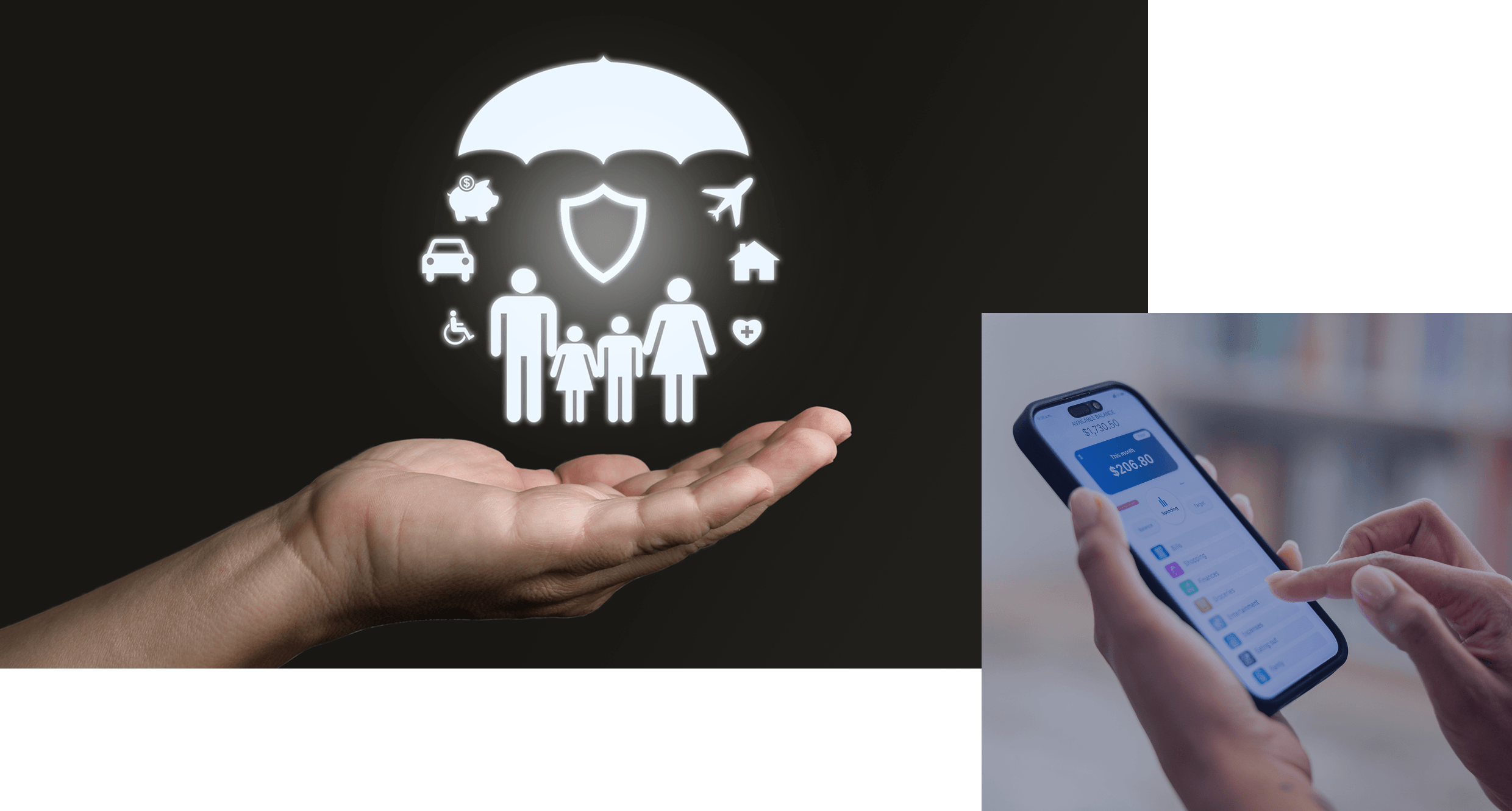 Hand holding insurance protection icons and family